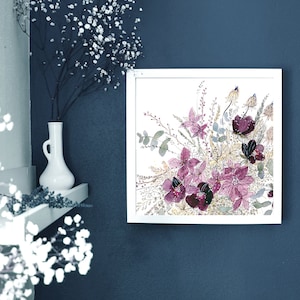 Tekening paarse bloemen, boeket bloemen, aquarel