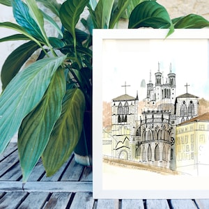 Tekening Fourvière Lyon, aquarelillustratie, decoratie, aquarelstad, architectuurschets, souvenir van Frankrijk, cadeauaanbieding