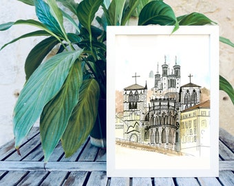 Dessin Fourvière Lyon, aquarelle illustration, décoration, aquarelle ville, croquis architecture, France souvenir, cadeau offrir