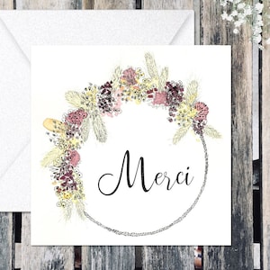 Carte fleurs merci, carte remerciement, couronne fleur, mini