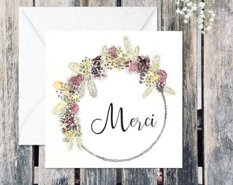 Carte fleurs merci, carte remerciement, couronne fleur, mini