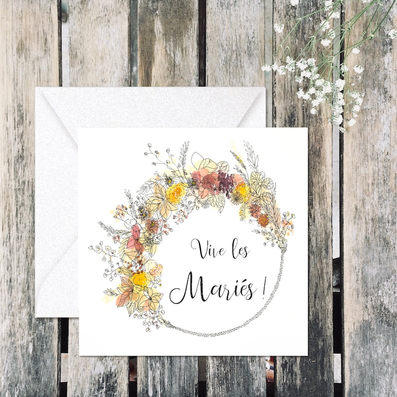Carte voeux mariage, couronne de fleur, idée cadeau, aquarelle, cadeau mariage, carte mariés, fleurs, cadeau original mariage image 1