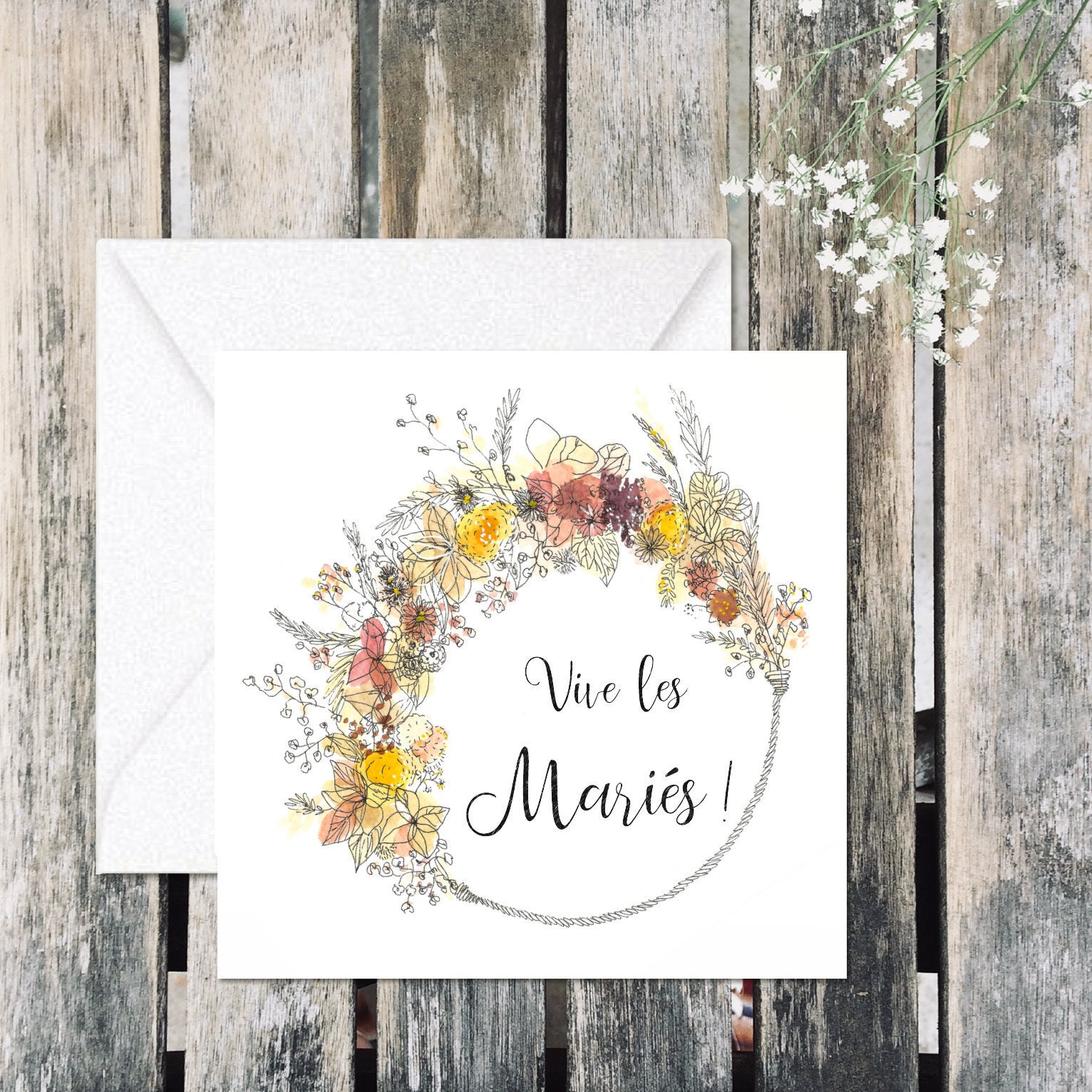 Carte De Vœux Mariage Carrée 14,5x14,5 Cm - Motif Couronne De Fleurs « Just Married » - Avec Enveloppe - 3