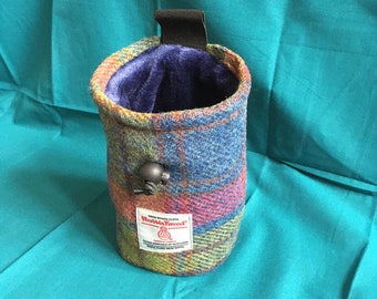 Harris tweed chalk bag: plum, blue and green tartan for climbing, bouldering