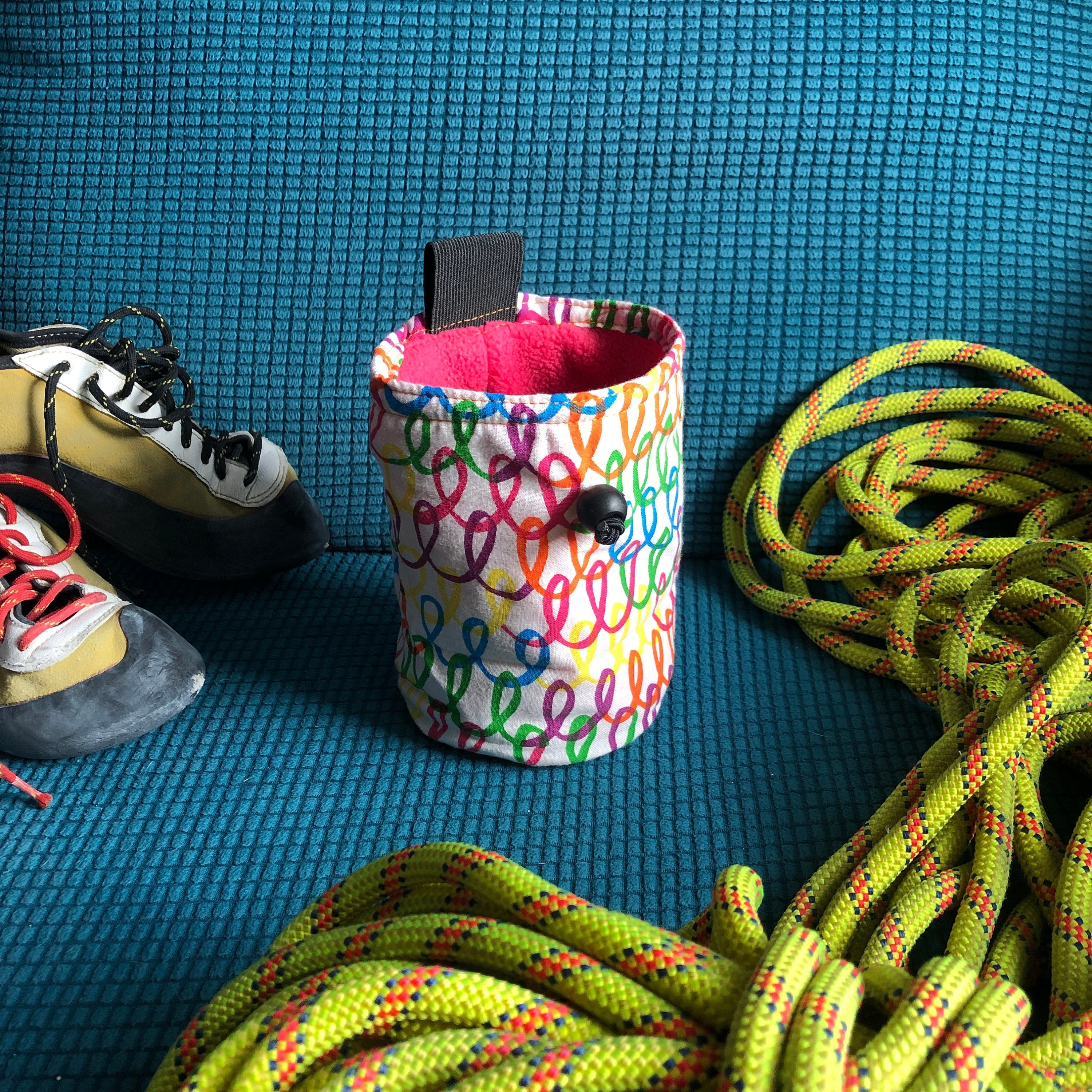 Colourful scribbles chalk bag: swirling lines for climbing and bouldering