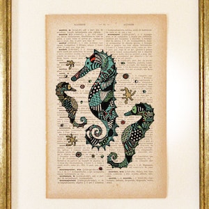 Sea horses illustration wall art decor print handmade illustration on dictionary book page printed in old dictionary page vintage feel image 2