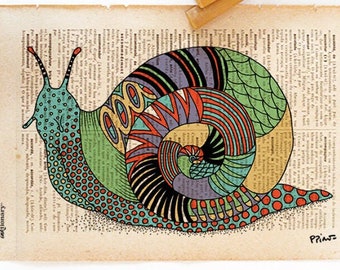 Snail handmade illustration print on dictionary book page in vintage feel