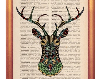 Deer head Poster illustration wall art print printed on dictionary book page deer head game art poster