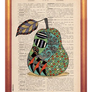 Pear Poster handmade illustration wall art decor print printed on dictionary book page Pear illustration on book page