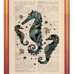 Sea horses illustration wall art decor print handmade illustration on dictionary book page printed in old dictionary page vintage feel image 1