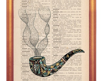 Pipe illustration for an office wall decor print handmade illustration on dictionary book page printed in old dictionary page vintage feel