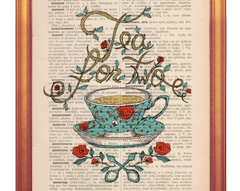 Tea cup illustration wall art decor print handmade illustration on dictionary book page printed in old dictionary page book page art print