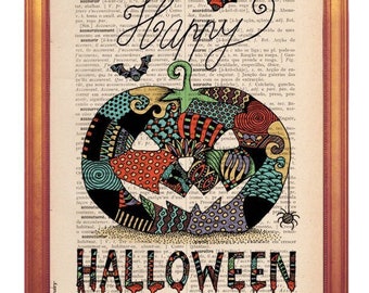 HALLOWEEN illustration handmade print on dictionary book page printed in old dictionary page vintage feel pumpkin Happy Halloween Poster