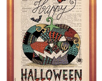 HALLOWEEN illustration handmade print on dictionary book page printed in old dictionary page vintage feel pumpkin Happy Halloween Poster