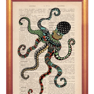 Octopus poster vintage feel printed on dictionary book page handmade illustration printed on real dictionary page octopus
