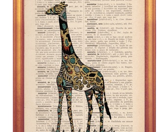 Giraffe print handmade illustration on dictionary book page printed in old dictionary page vintage feel for animal lovers