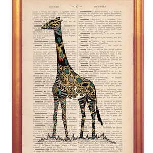 Giraffe print handmade illustration on dictionary book page printed in old dictionary page vintage feel for animal lovers