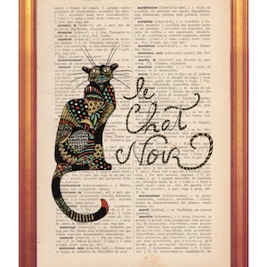 Chat noir dictionary print of a handmade cat illustration printed in old dictionary page vintage feel image 1