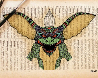 Gremlin inspiration illustration print on dictionary book page in vintage feel