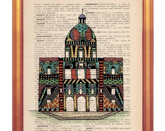 Panteao Nacional of Lisbon illustration handmade print on dictionary book page in vintage feel for Lisbon lovers city illustrations wall art