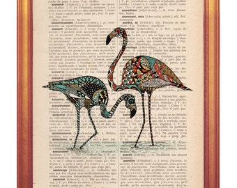 Flamingos handmade illustration on dictionary book page handmade illustration printed in old dictionary page vintage feel book page art