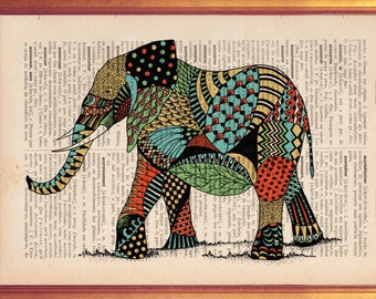 Elephant Poster on book page illustration wall art decor print handmade illustration on dictionary book page printed in old dictionary page