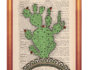 Cactus book page art dictionary art book page printed in old dictionary page vintage feel for gardening lovers handmade illustration print