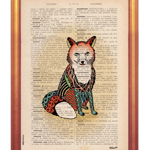 Fox Poster illustration wall art print printed on dictionary book page cute fox illustration kids room playfull art poster