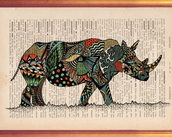 Impression d'illustration de rhinocéros sur une page de dictionnaire vintage
