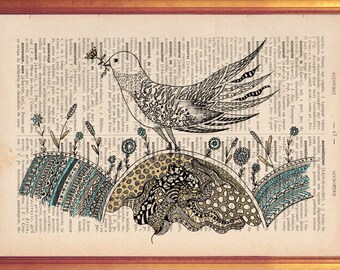 Bird illustration art dictionary print handmade illustration printed in old dictionary page vintage feel Bird poster print