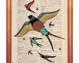 Impression d'art illustration hirondelles sur une page de dictionnaire vintage