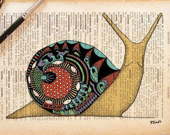 Snail poster on dictionary book page in vintage feel handmade illustration of snail