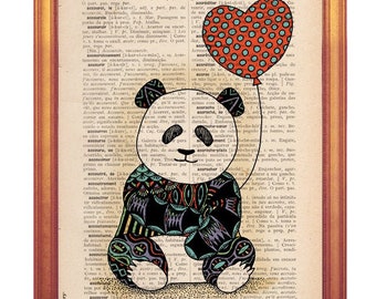 Baby Panda illustration Poster wall art print printed on dictionary book page sweet loving baby panda illustration kids room playfull art