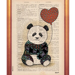 Baby Panda illustration Poster wall art print printed on dictionary book page sweet loving baby panda illustration kids room playfull art