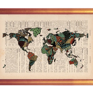 Monde carte affiche illustration décor mural à la main illustration print sur page de livre dictionnaire imprimé en vieux dictionnaire page vintage se sentent pas