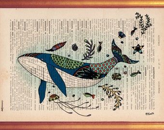 Impression d'art baleine, illustration de la vie marine sur une page de dictionnaire vintage