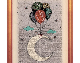 Nursery illustration Balloon and Moon dictionary print handmade illustration printed in old dictionary page vintage feel