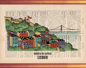 Lisbon Castle hill illustration handmade print on dictionary book page in vintage feel wall art