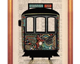 Lisbon tram illustration handmade print on dictionary book page in vintage feel for Lisbon lovers city set illustrations wall art lisbon