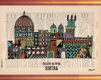 Pena Palace in Sintra illustration poster on dictionary book page in vintage feel handmade illustration of Pena Palace