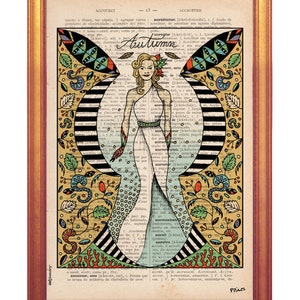 Mulher de outono em estilo Art Noveau ilustração Poster impressão de arte de parede impressa em página de livro de dicionário ilustração artesanal
