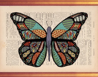 Butterfly Print on Vintage Dictionary Page - Handmade Illustration