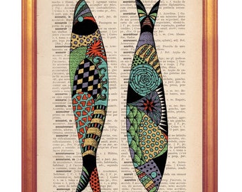 Sardines illustration handmade print on dictionary book page in vintage feel for Lisbon lovers city set illustrations wall art lisbon