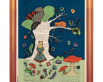 Alice in Wonderland handmade illustration inspired in Lewis Carroll's Alice in Wonderland children book