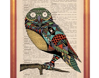Vintage Owl Illustration Art Print on Dictionary Page