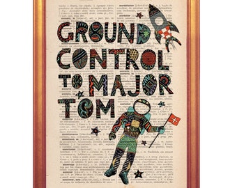 Major Tom music Poster inspiration handmade illustration wall art decor print dictionary book page printed David Bowie Major tom poster