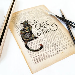 Chat noir dictionary print of a handmade cat illustration printed in old dictionary page vintage feel image 5