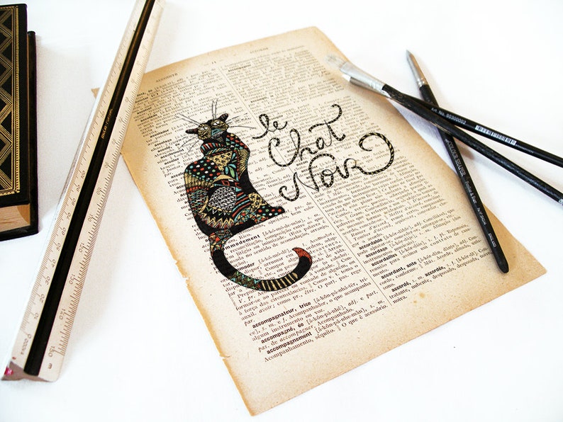 Chat noir dictionary print of a handmade cat illustration printed in old dictionary page vintage feel image 5