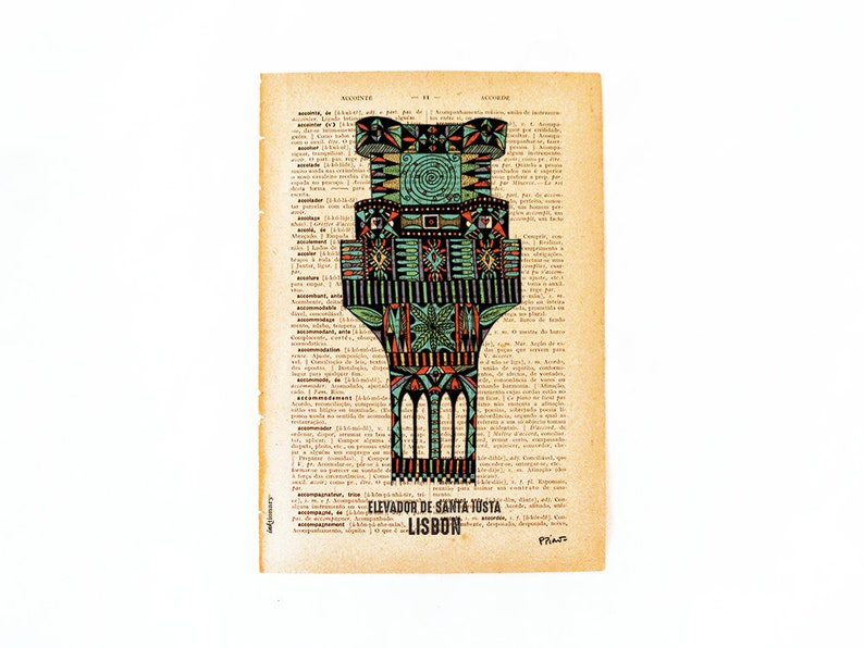 Lisbon Santa Justa Elevator illustration handmade print on dictionary book page vintage feel for Lisbon lovers city illustrations wall art image 2