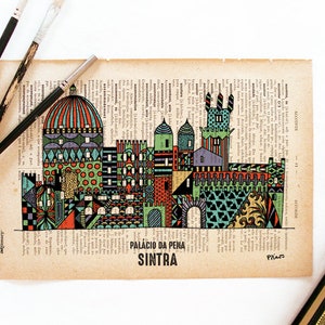 May include: A colorful illustration of the Palacio da Pena in Sintra, Portugal. The illustration is done in a geometric style with a variety of colors and patterns. The text "PALACIO DA PENA SINTRA" is printed below the illustration.